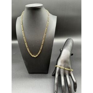 JCM Gold Tone Stainless Steel Figaro Chain Necklace 20in and Bracelet 8.5in Set